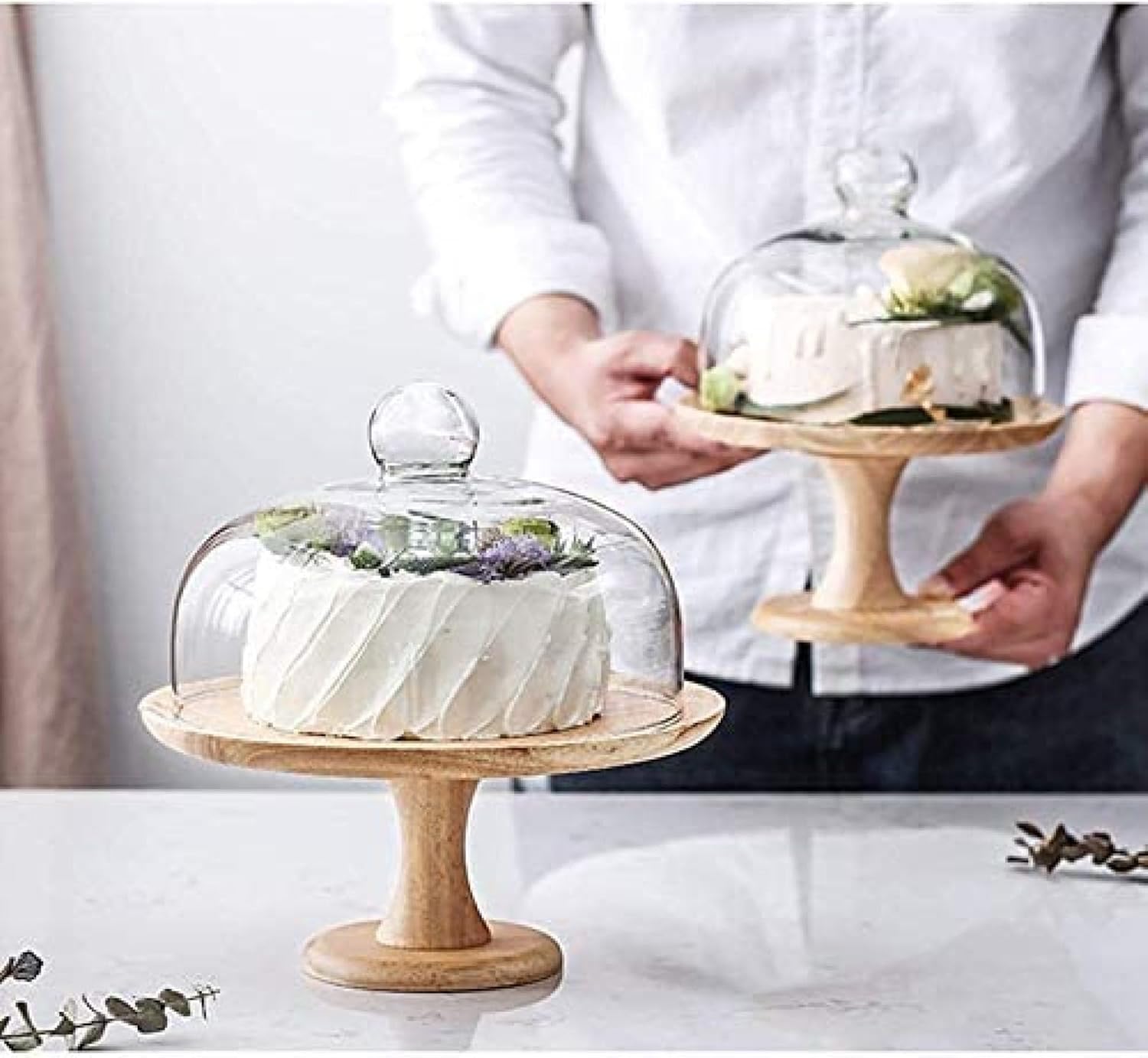 Stojak Na Ciasto Z Kopułą, Stojak Na Tort Weselny Z Pokrywką, Drewniane Stojaki Na Ciasto Ze Szklaną Kopułą, Miski Na Owoce Z Przezroczystą Pokrywką, Stojaki Na Desery Na Tort Urodzinowy, S