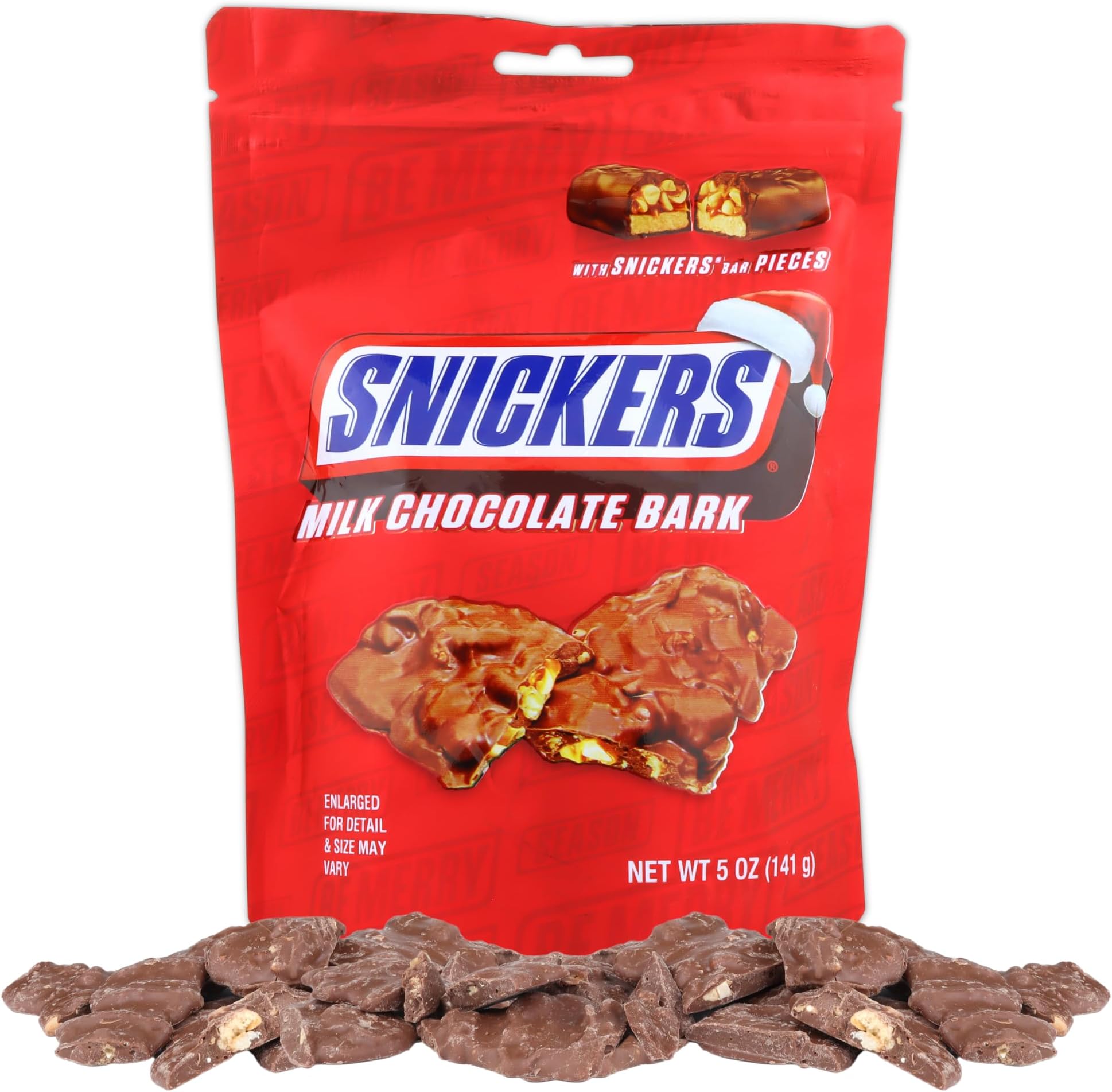 Milk Chocolate Bark with Candy Bits, Festive Holiday Candies, Stocking Stuffer Treats, Resealable Bag, 5 Ounces (Snickers)