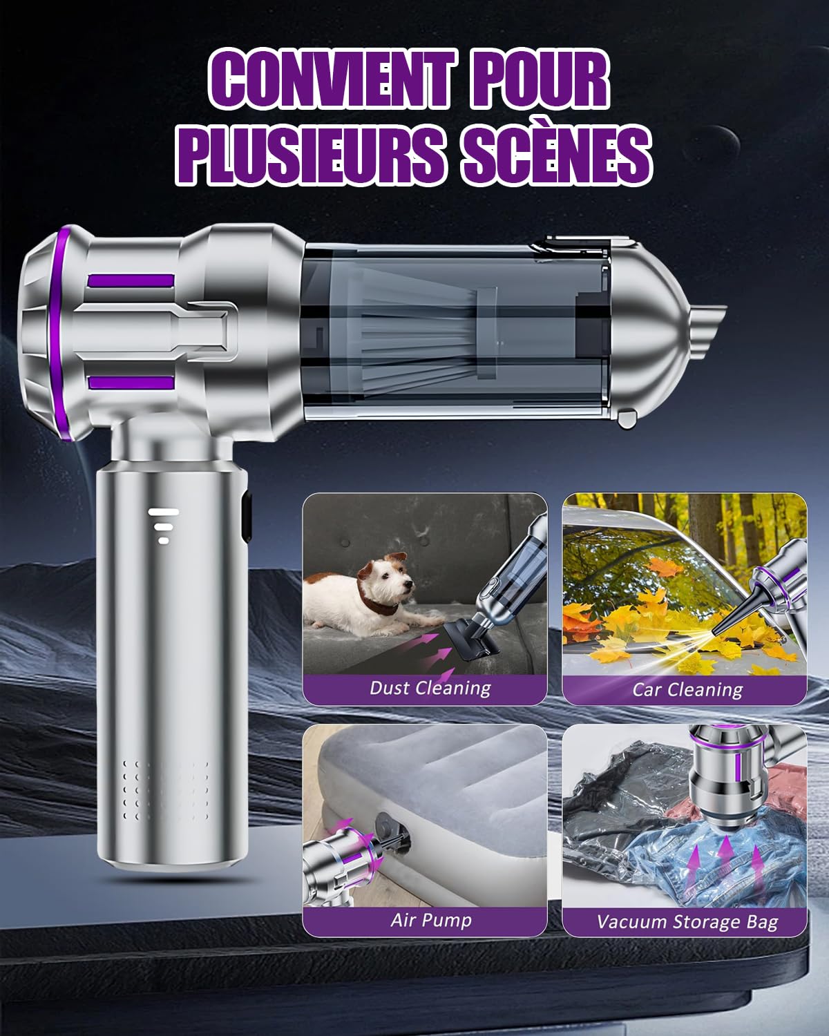 Aspirateur à Main, Aspirateur Voiture Puissant 15000Pa sans Fil, 3 Vitesses, Aspirateur Main Mini avec Embouts pour Voiture, Poils Animaux, Maison