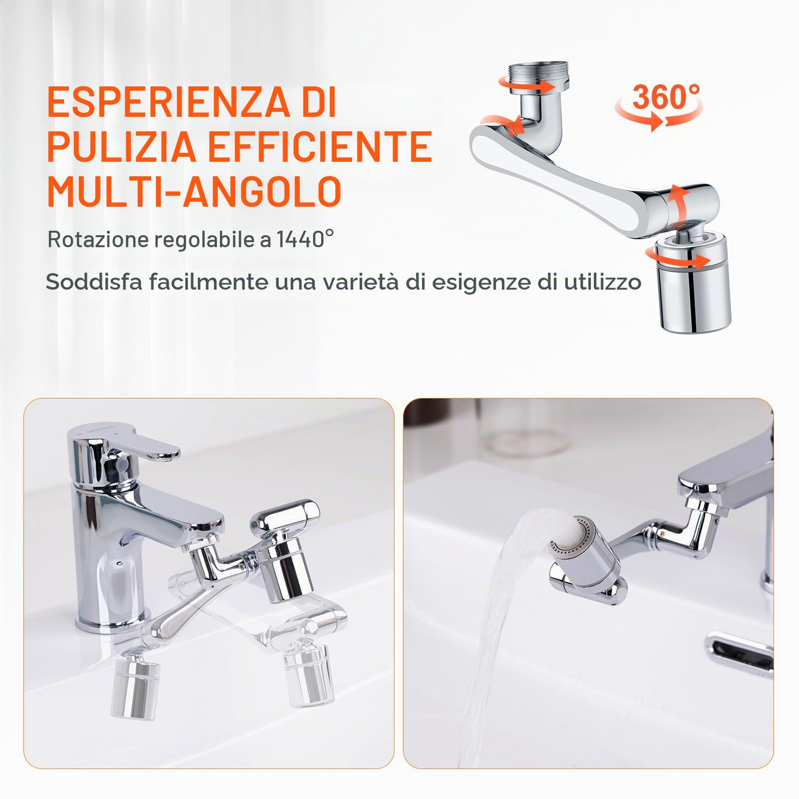 Ibergrif Prolunga Rubinetto Cucina Bagno Rotante 1440 Gradi, Aeratore Regolabile, 2 Modalità di Acqua, Accessorio Facile Installazione, Filtro Antispruzzo, Argento, M91006