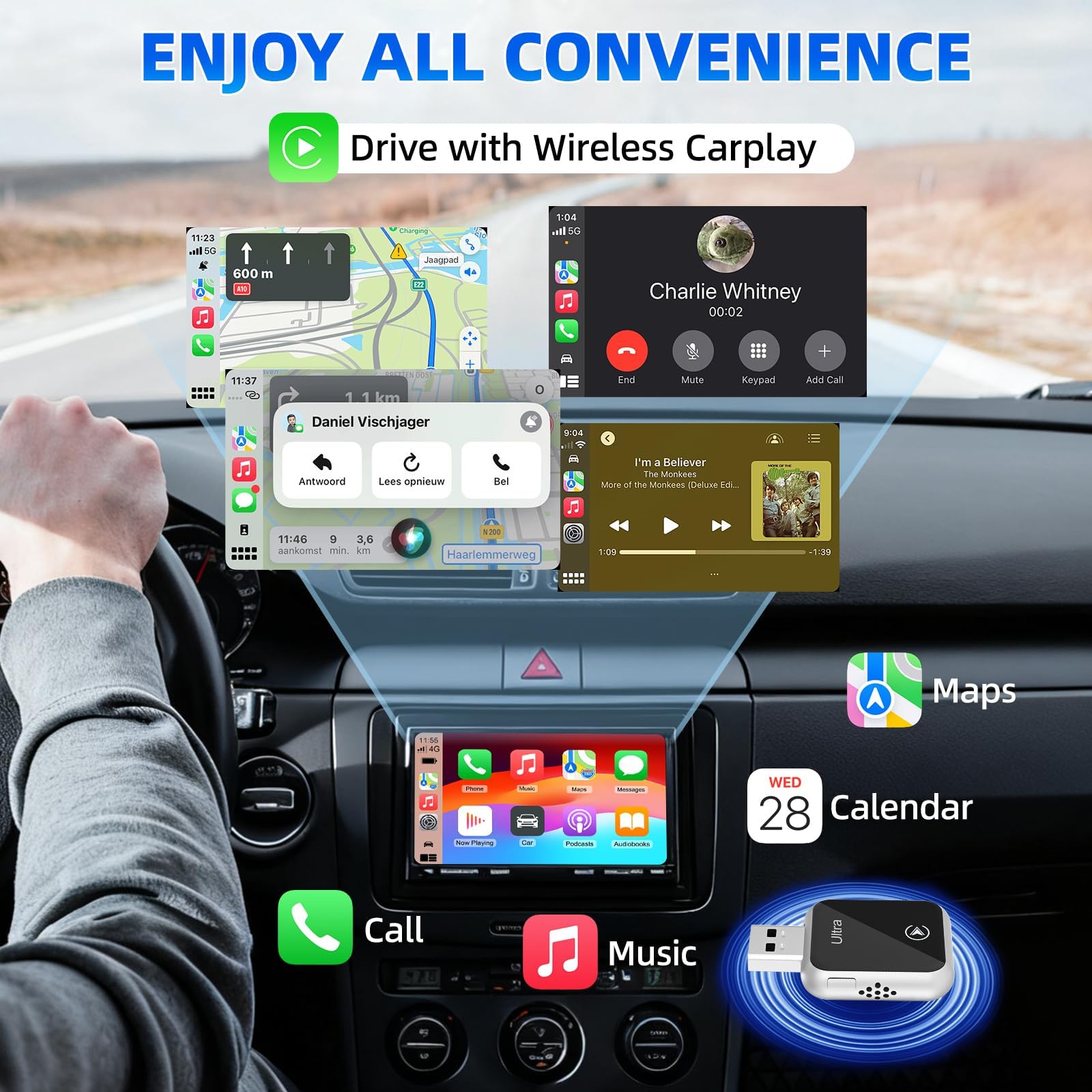 AUXIRACER Adaptateur sans Fil CarPlay, Dongle 2-en-1 Prêt À Brancher (Plug & Play) avec pour IPhone Et Android, Bluetooth 5.3 Et Double WiFi 6, Compatible avec Plus De 900 Modèles De Voitures.