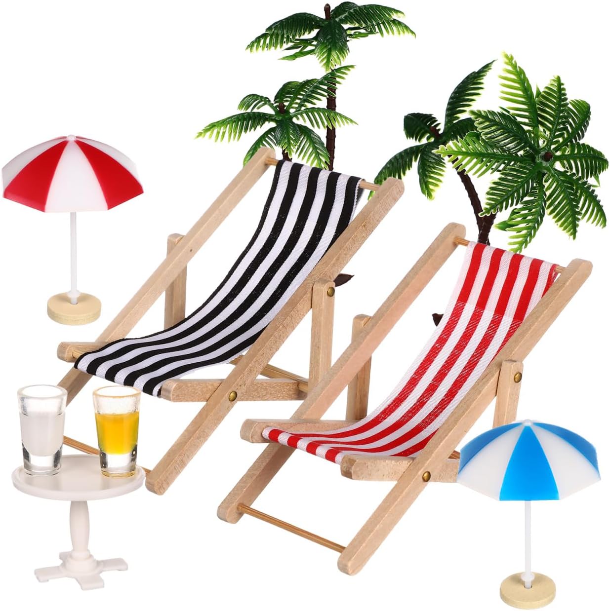 BESPORTBLE Mini Dollhouse Beach Accessories: Miniature Umbrella Chair, Mini Palm Trees Parasols Coffee Table Modle Ornament
