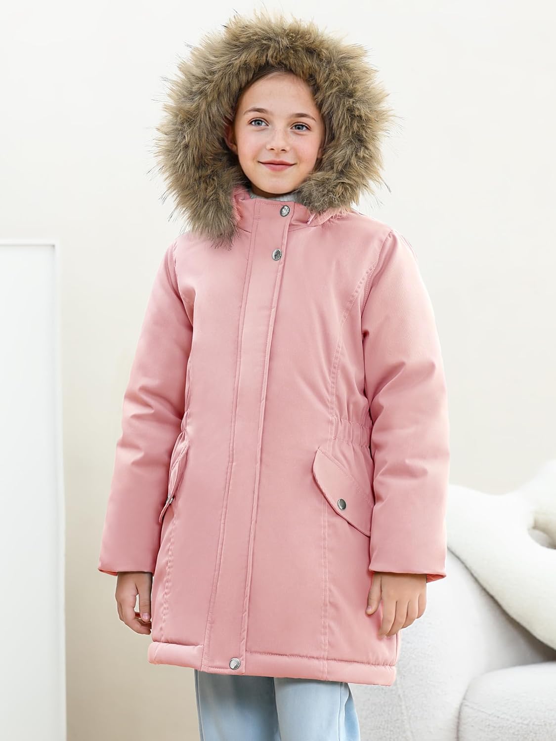 XMWEALTHY Girls' Winter Puffer Coat Kids Warm Windproof Long Parka Hooded Jacket with Fur Trim - Image 3