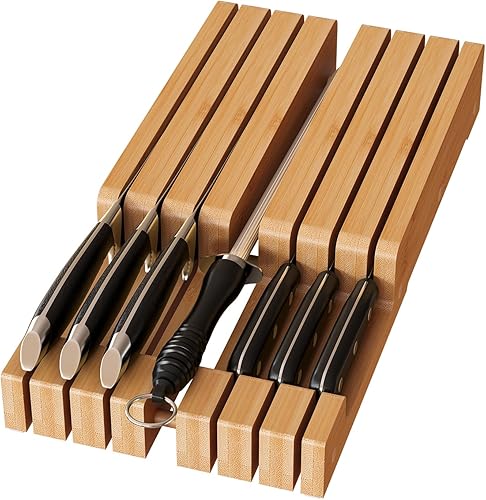Organizador de cuchillos en el cajón, bloque de cuchillos de bambú, soporte para cuchillos de carne sin cuchillos, capacidad para hasta 6 cuchillos