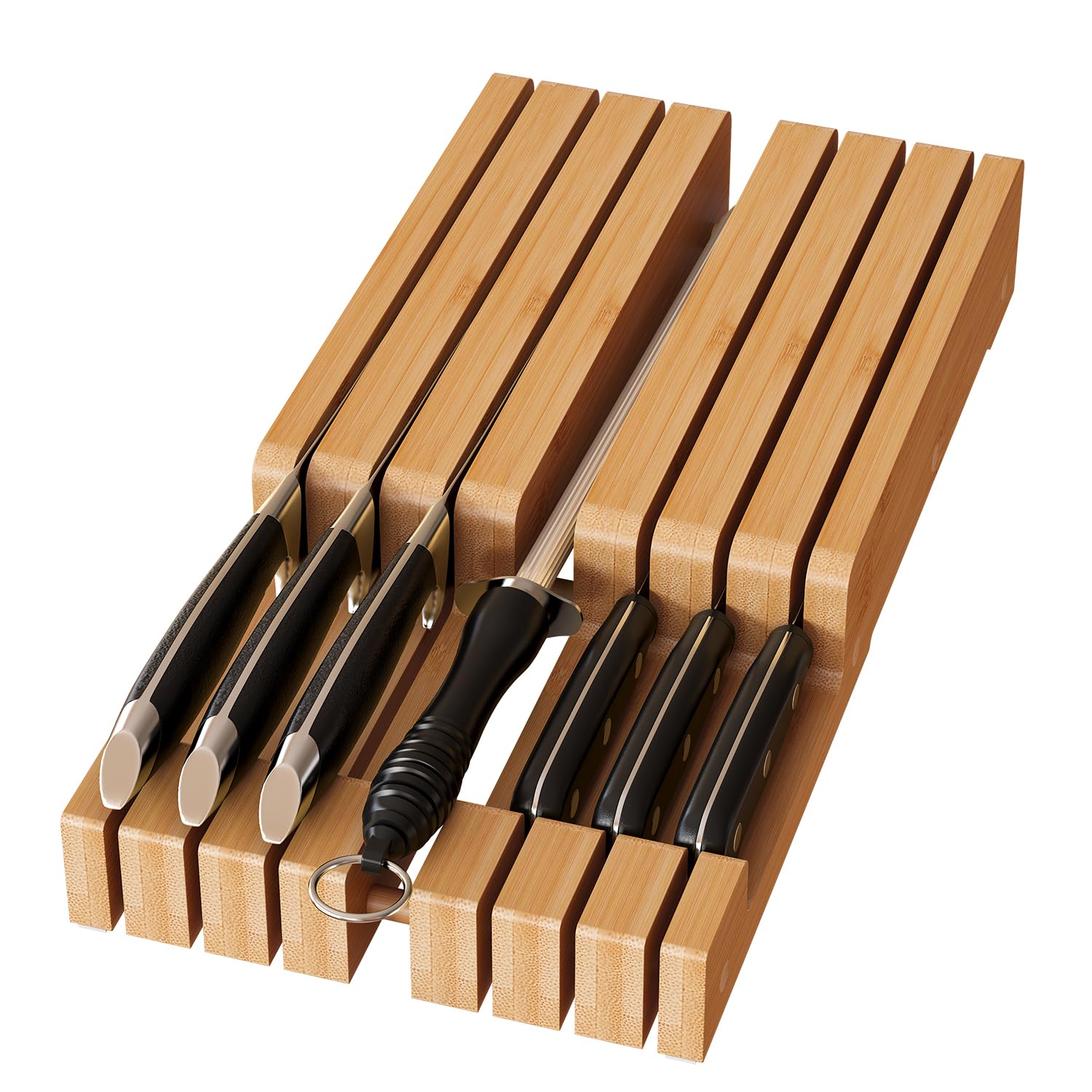 Photo 1 of In-Drawer Knife Organizer Bamboo knife block, Drawer Knife Storage Steak Knife Holder Without Knives,Holds up to 6 Knives and Knife Sharpener Slot 6 Knives Dock+Sharpener Slot