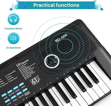 61 key keyboard Piano,Portable Electronic Digital Piano,Built In Dual Speakers,External Microphone,Power Plug,Rich Teaching Content,Multi-Functional Electronic Piano Suitable For Beginners
