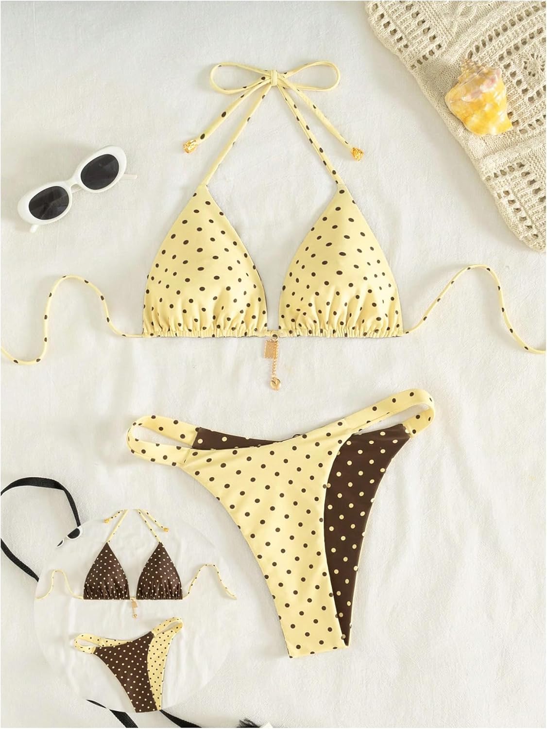 BEAUDRM Women's 2 Piece Polka Dots Bikini Set Halter String High Cut Thong Reversible Bathing Suits Resort Wear