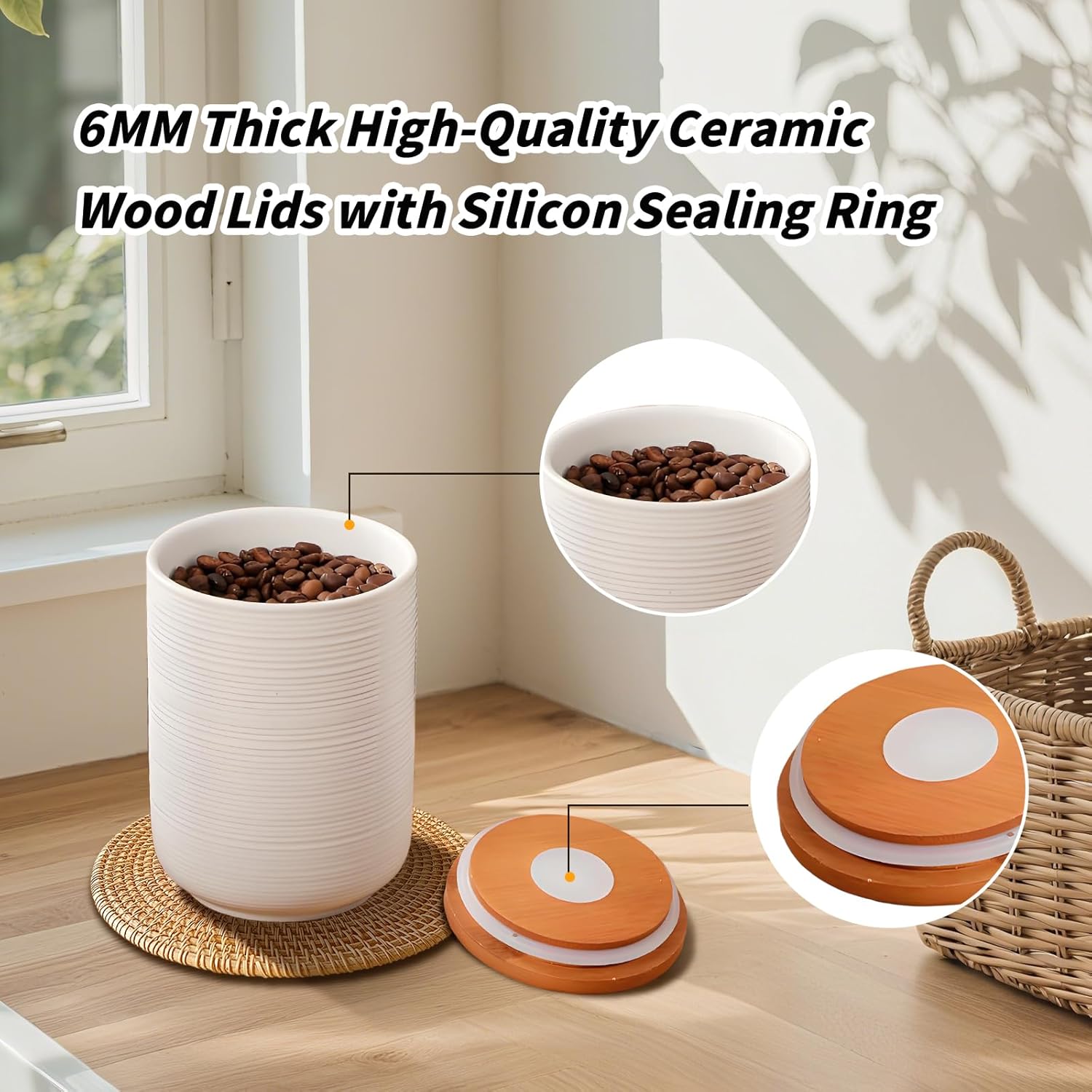 Food Storage Jar Strong Ceramic Storage Canisters with Airtight Wooden Lid,Kitchen Storage Containers for Serving Coffee Beans, Tea, Sugar, Salt, Spices (White three-piece suit)