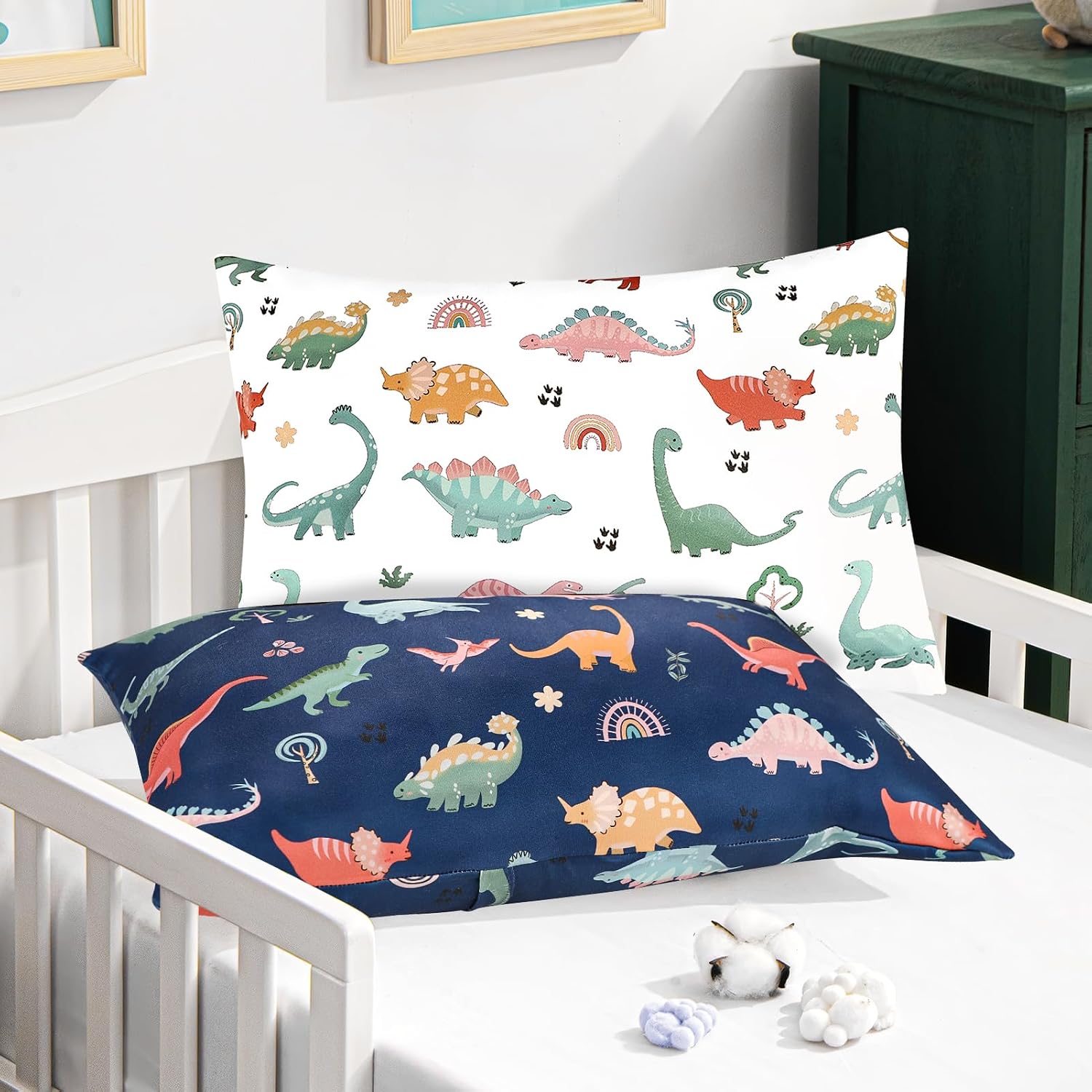 2 Pack Toddler Pillowcase, Travel Pillow Case Cover 13x18 Inches, Ultra Soft Baby Kids Pillowcase, Small Pillow Cases for Girls Boys, Blue & White Dinosaur