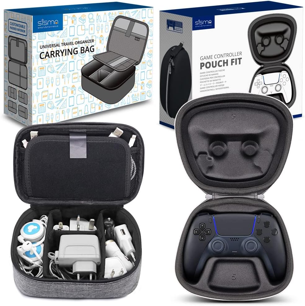 sisma Charging Cords Chargers Travel Organizer (Grey) + PS5 DualSense Wireless Controller Travel Case (Black)