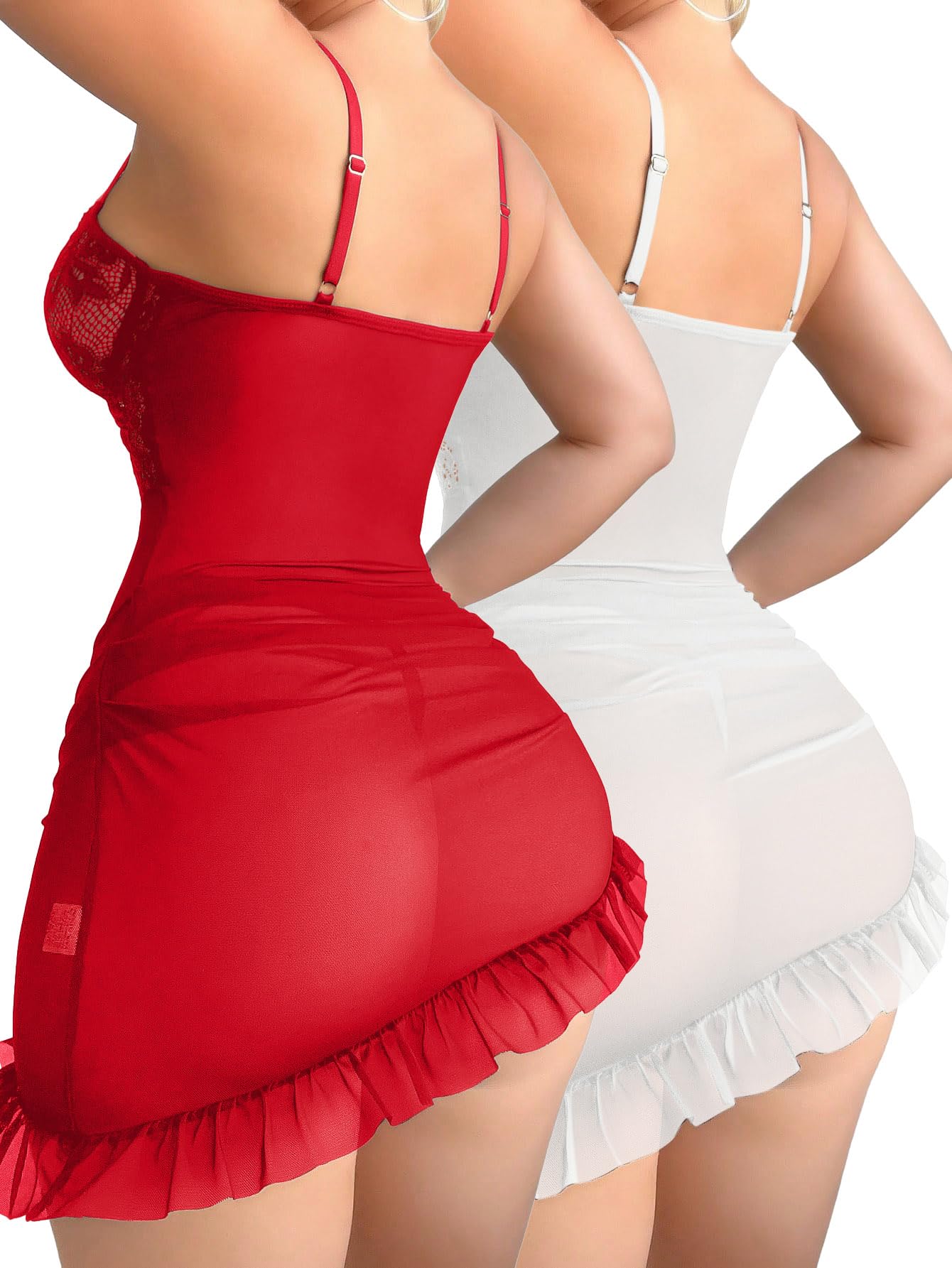 Sexy Corset Bodycon Ruffle Sheer Underwire Mesh Lace Floral Outfits Babydoll Lingerie Set Dress with Thong 2 Piece: 2 Sets Small 2 Pcs Red White