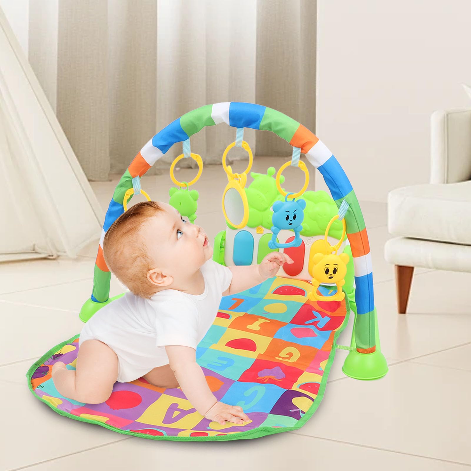 Baby Play Mat Gym Kick Piano Centrum aktywności z muzyką miękki materiał dla noworodka niemowlęcego maluchek 0 do 36 miesięcy Składany projekt obejmuje 5 odpinanych grzechotek i