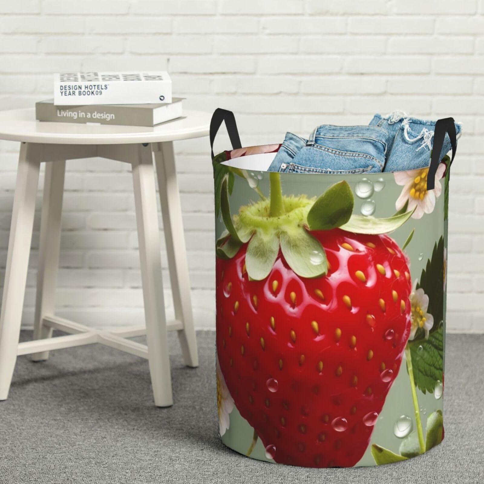 Fodpand Black Lovely Strawberry Laundry Basket With Handle, Freestanding Laundry Hamper, Collapsible Dirty Clothes Hamper, Waterproof Fabric Blanket Storage Basket Tall Toy Storage Bin Room Decor Medium