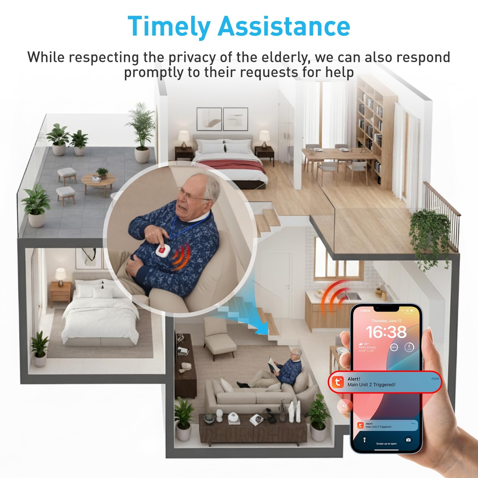 DAYTECH Tuya WiFi Smart SOS Chiamata Button, Wireless Panic Button, Allarme Personale per Anziani Anziani Pazienti Disabili Disabili Disabili, 2 Pulsanti di Emergenza Ricaricabili, Supporta Solo