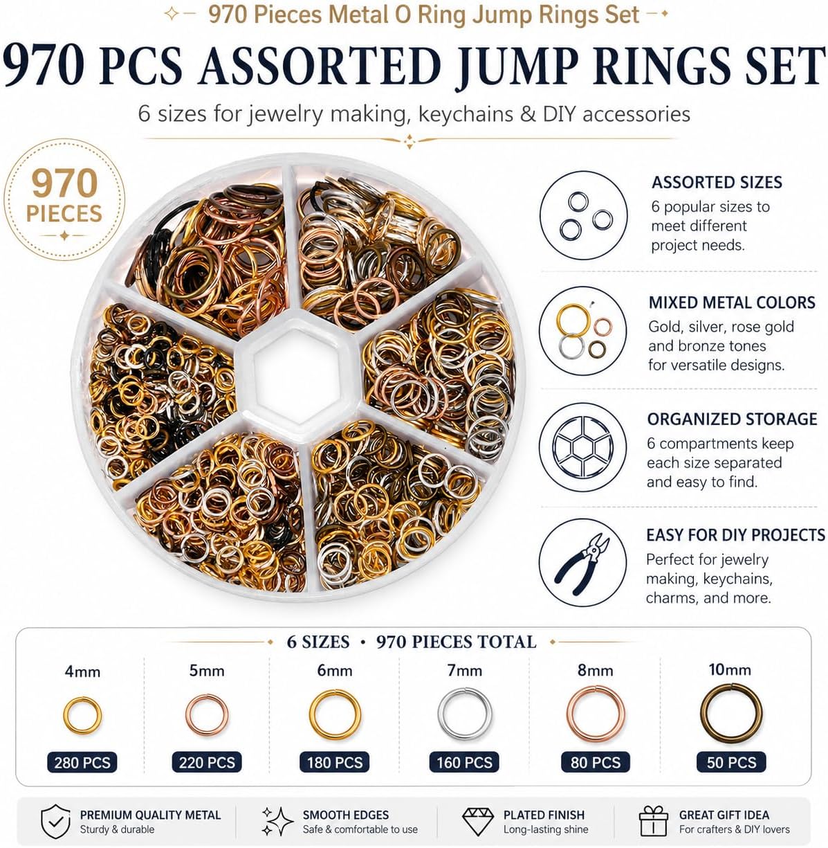 970 Pieces Metal O Ring Jump Rings Set, Assorted Sizes Open Connectors for Jewelry Making, Keychain Crafts, DIY Accessories
