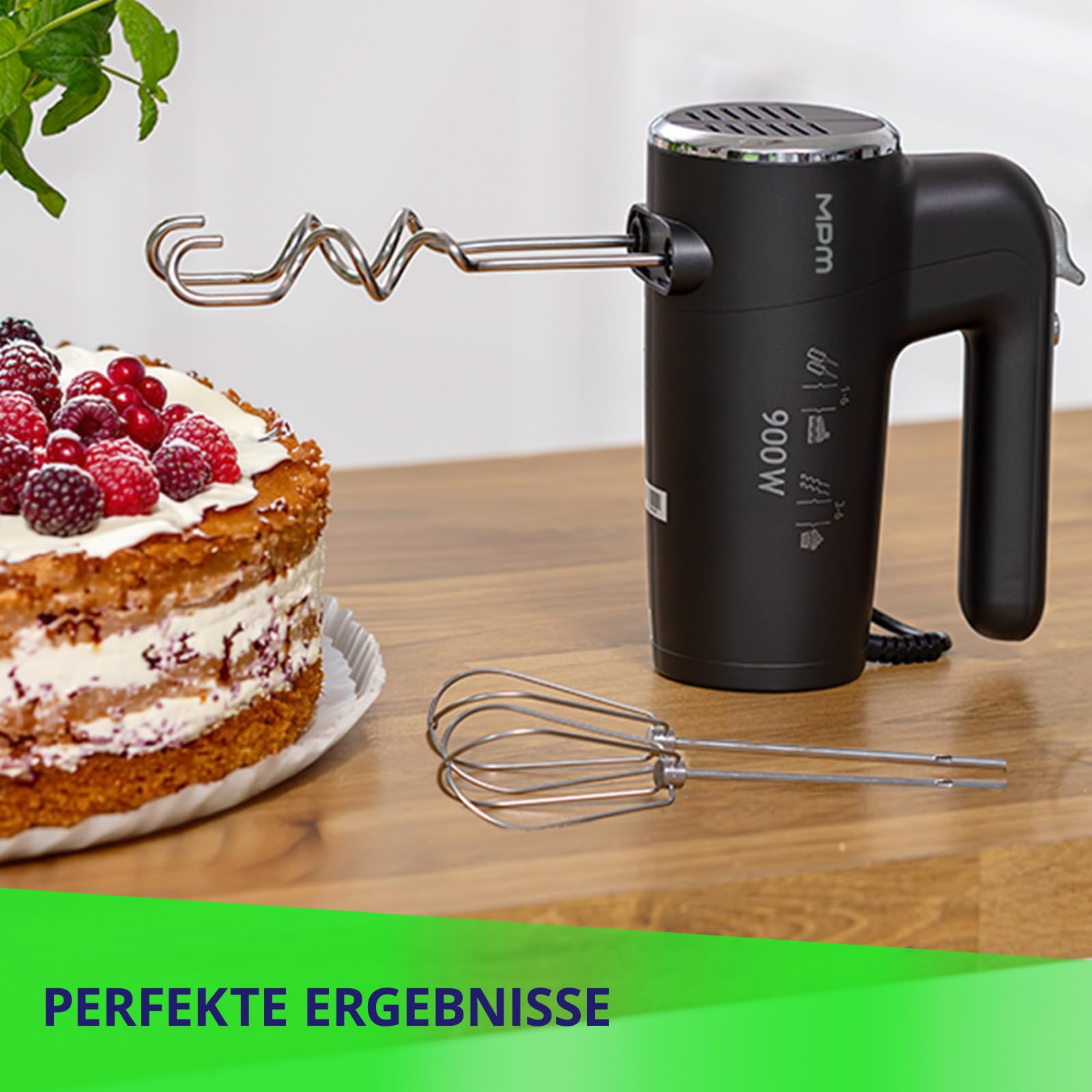MPM Handmixer 900W - 6 Geschwindigkeitsstufen + Turbo, 4 Lange Rühraufsätze | Handrührgerät mit Auswurftaste, Sicherheitsverriegelung, spülmaschinenfeste Rühraufsätze - Schnelles Verarbeiten von Massen