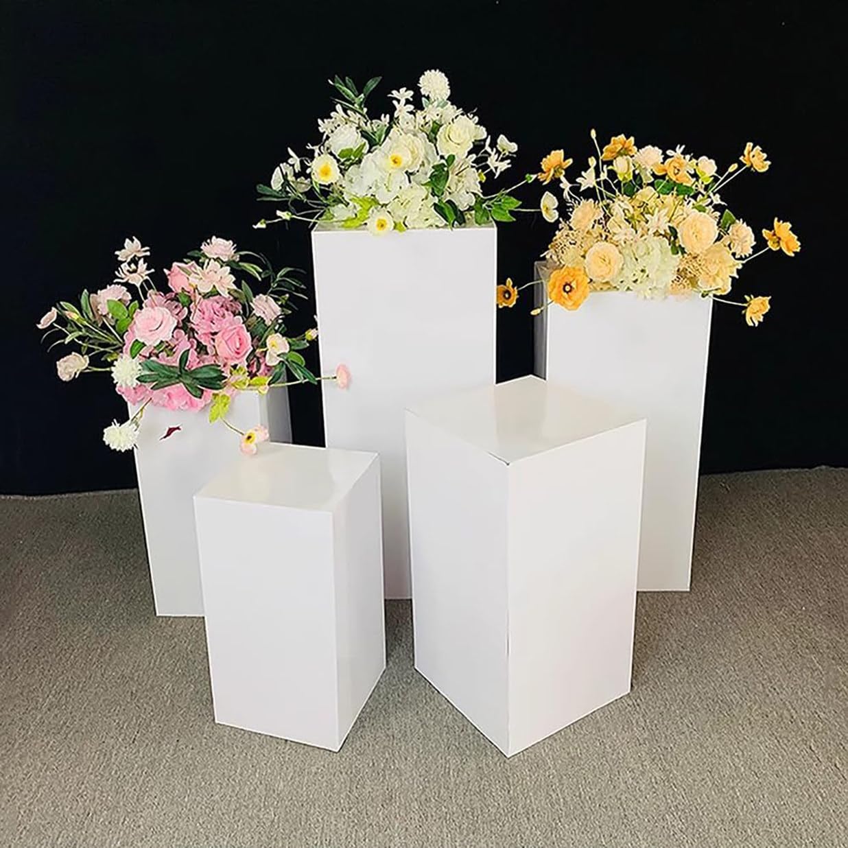 CYMYYDS 5 Pcs Square Cylinder Stand Pedestal Display, Metal Cake Stand Dessert Display, Stand Backdrop Columns for Cakes Birthday Dessert Display Table Plinths Pillars for Decoration,White