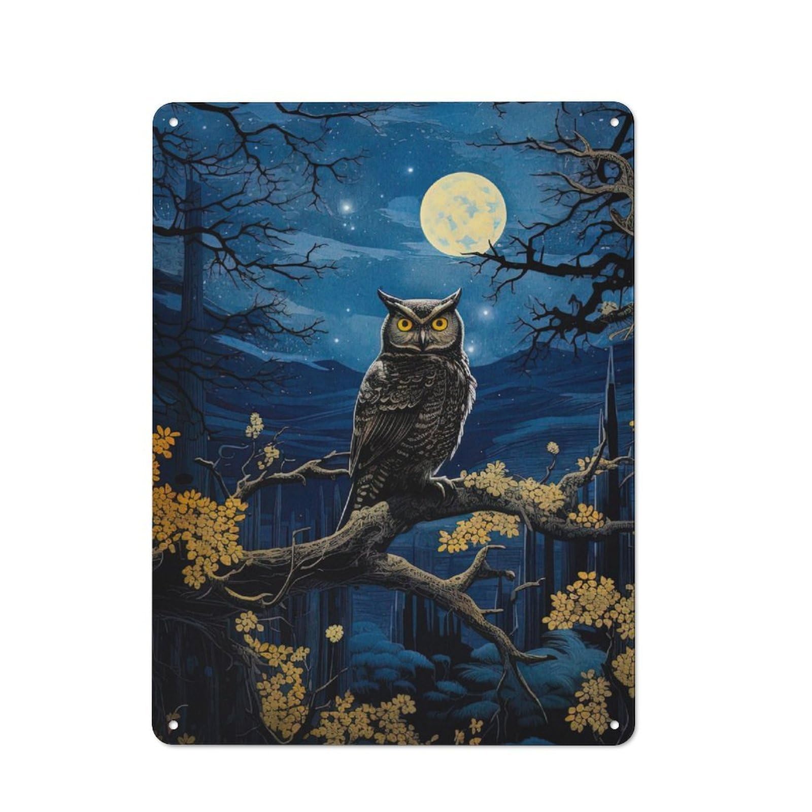 Junmoney Owl Under Moonlight Rustic Metal Sign 40X30cm For Lounge Or Reading Corner, For Reading Corner Decorators