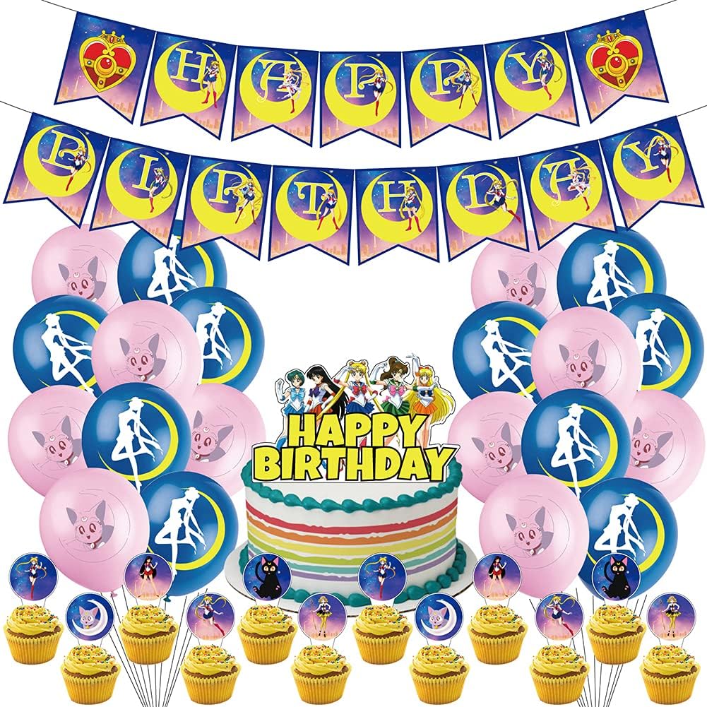 Hilloly Sailor Moon Party Balloons, 34 Pieces Party Decorations, Sailor Moon Birthday Party Supplies, Happy Birthday Banner, Cake Cupcake Toppers, Latex Balloons, For Kids Birthday Party Favors