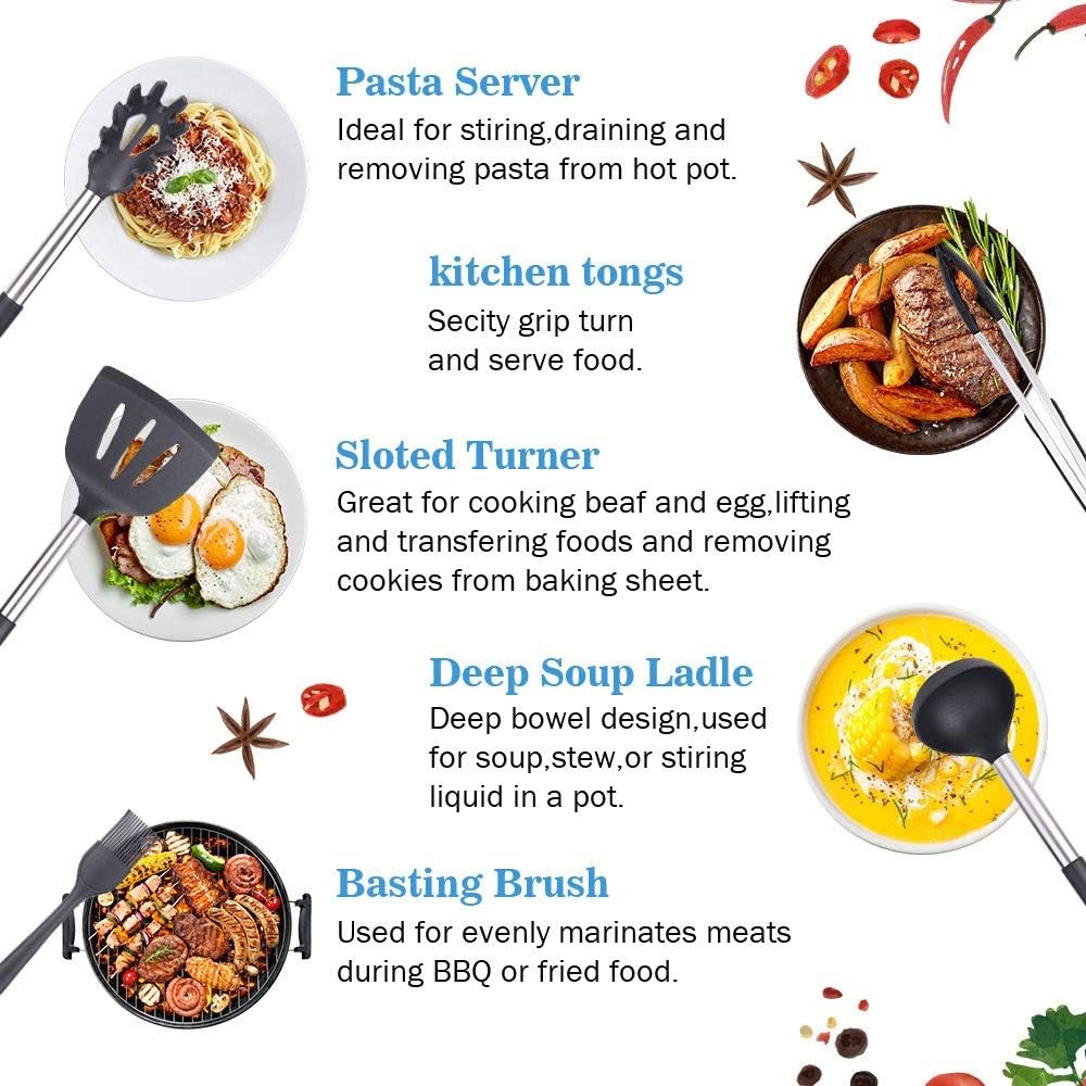 15 PCS Silicone Kitchen Cooking Utensil Set Non-Stick Stainless Steel Handle Kitchenware Cookware Tools Set Spatula Shovel Spoon (Color : A) (B)