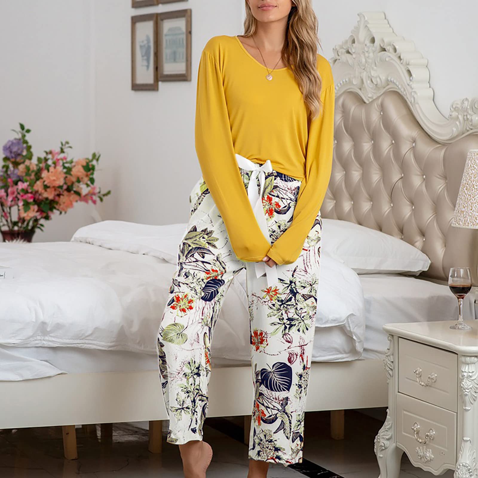 Pijamas de algodón para mujer, ropa de dormir cómoda, casual, holgada, mezcla de algodón, conjunto de ropa de descanso con cuello redondo, ropa de dormir cepillada suave, ropa de dormir de talla