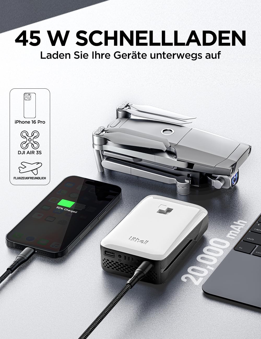 Litheli Laubbläser Akku, 2×4.0 Ah Akkus, 180 km/h, 973 m³/h, für Garten