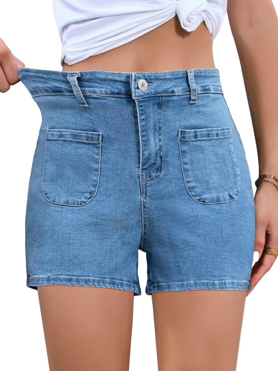 FEKOAFE 2026 Womens Casual Mid/High Waisted Denim Shorts Summer Stretchy Ripped Jean Shorts for Women