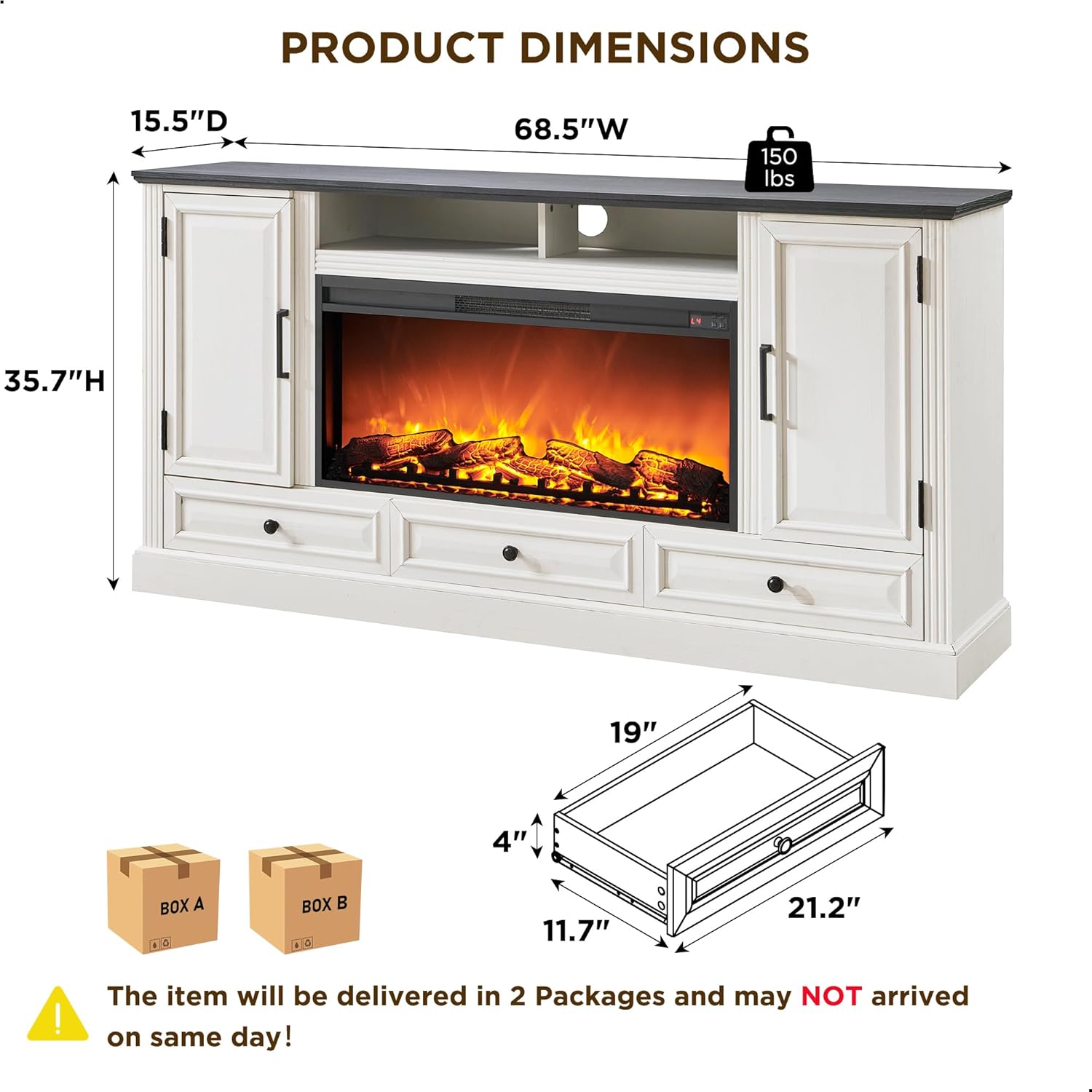 ACCOHOHO Fireplace TV Stand for 80 Inch TV, 35.7" Tall Farmhouse Entertainment Center W/36'' Electric Fireplace, Media Console with Large Storage Cabinets and Drawers for Living Room, Antique White - Image 2