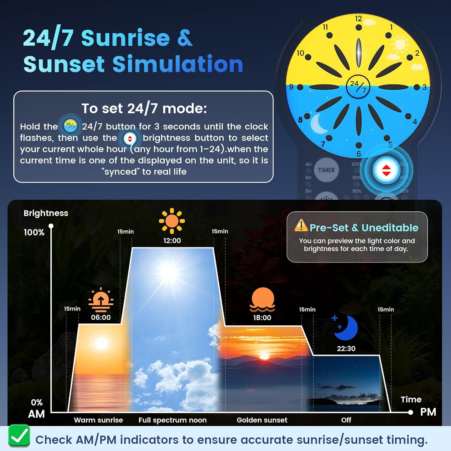 AQQA Aquarium Light with 24/7 Sunrise Sunset Mode, 9 Colors & 10-Level Brightness, Full Spectrum LED Fish Tank Light with Timer for Plant Growth, Freshwater Tanks (56W for 35-47 inch Tank)