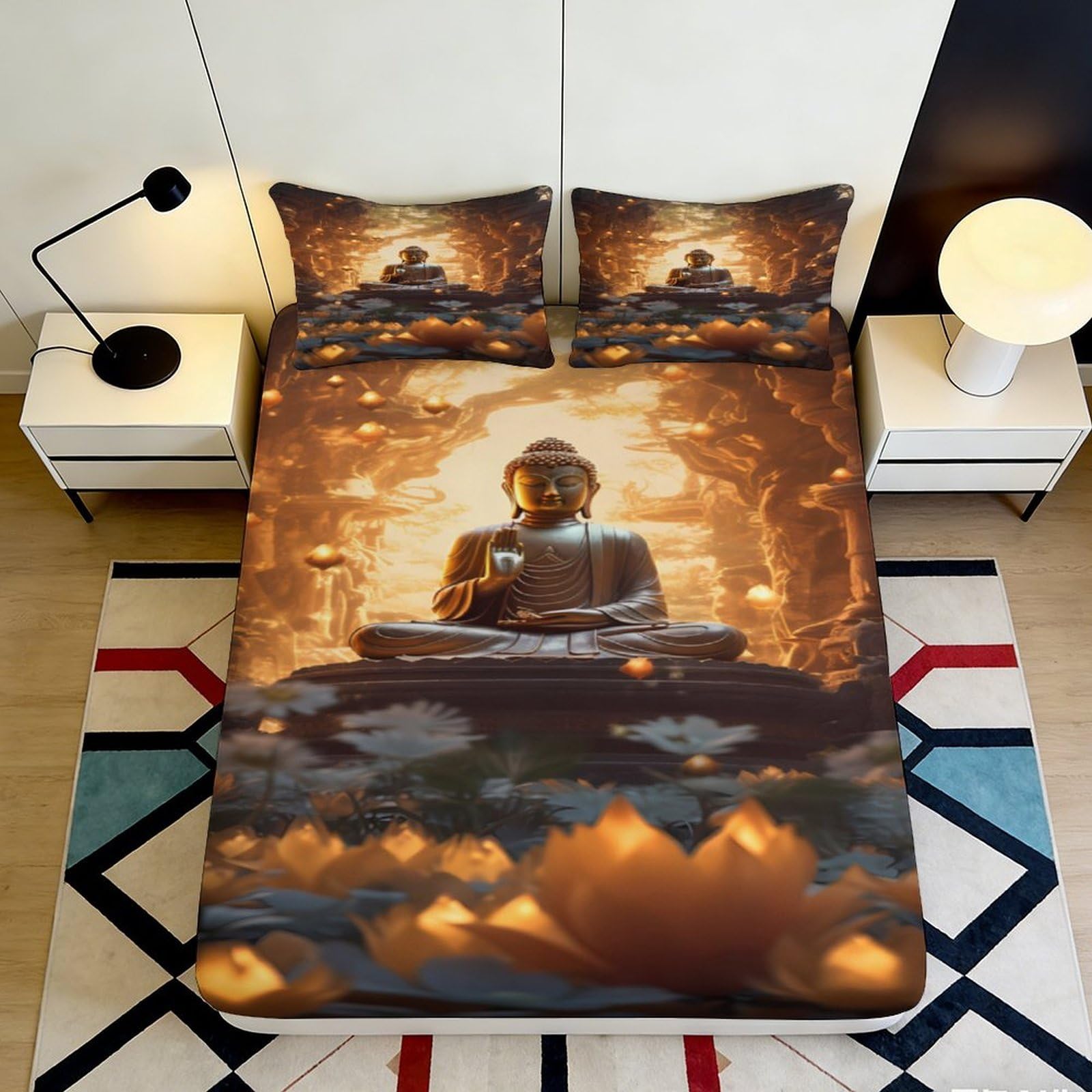 Pnayamiorkfel Style-5 3D Printed Buddha Meditation Fitted Sheet Microfiber Orange Lotus Mattress Cover For Bedroom Guest Room Decor 90X200x25cm