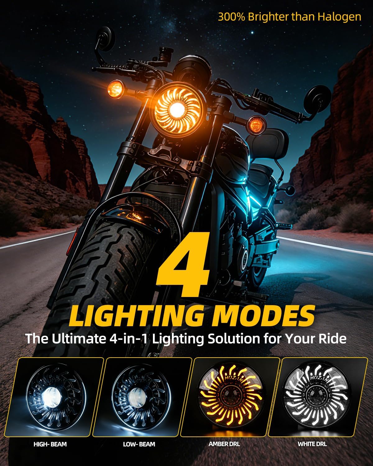5.75" LED Motorcycle Headlight, Whirlwind Dynamic Halo DRL, 4800LM High/Low Beam, 5-3/4" Projector Lamp for Sportster, Dyna, Softail, Iron 883, Street Bob, DOT SAE Approved