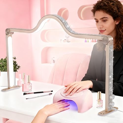 Miniatura 6 de Luz de media luna mejorada de 45 W para escritorio de uñas, lámpara LED de tecnología de uñas de 34 pulgadas con soporte para teléfono, lámpara de