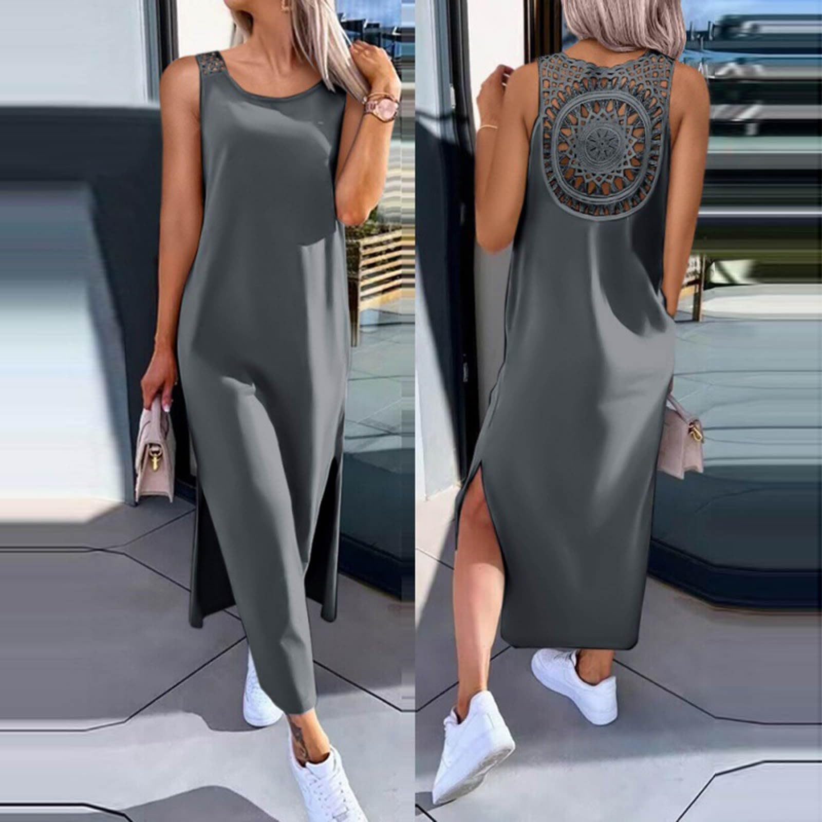 Vestido De Verano for Mujer Largo Vestidos Largos Sueltos Ocasionales Traje Playa 2026 for Resort Sin Mangas Ahueca hacia Fuera El Tiras con Abertura Lateral Encaje, Menta