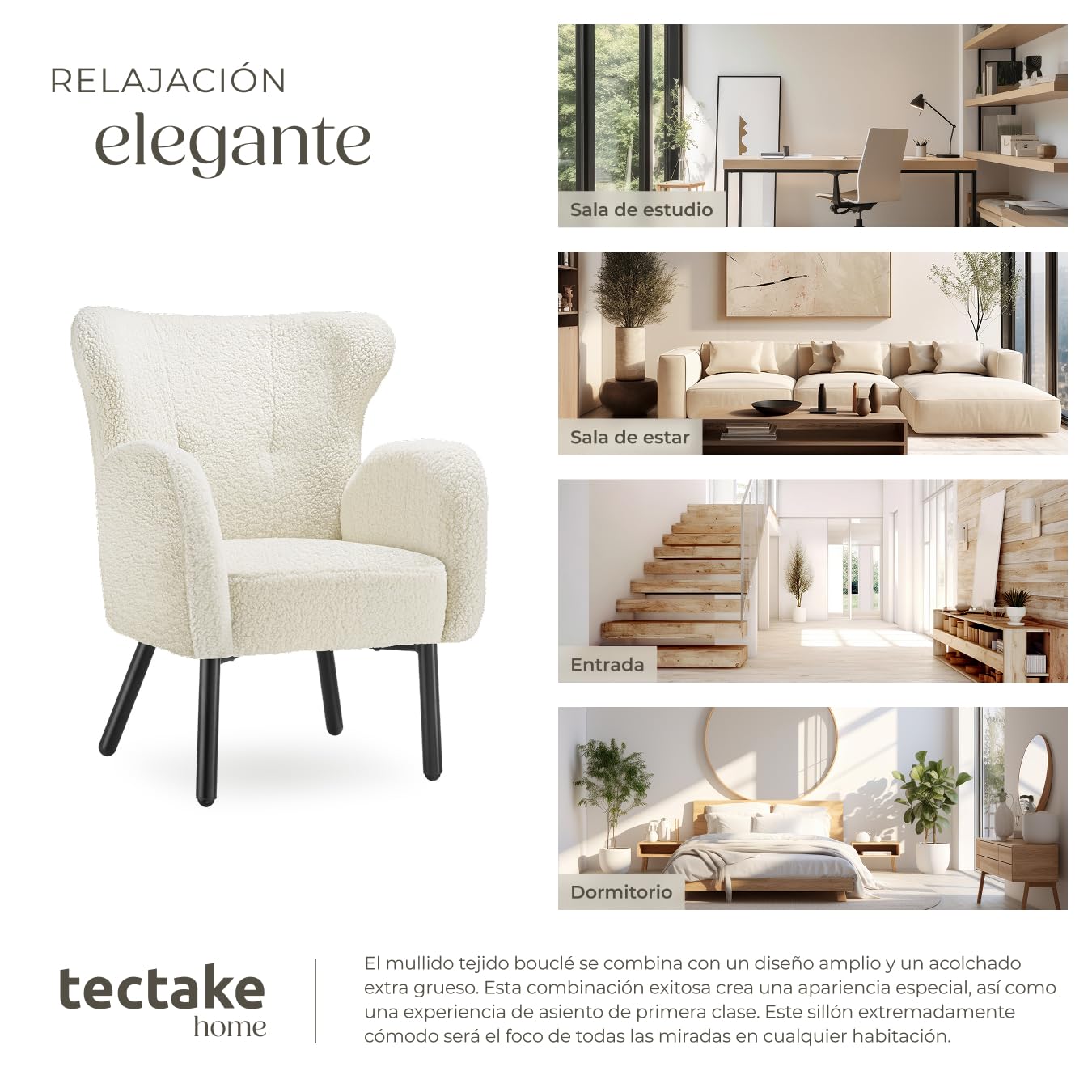 tectake® Sillón Orejero Tapizado en Bouclé, Butaca de Salón, Sillón de Lectura Acolchado, Silla Diseño Escandinavo con Reposabrazos, Estructura en Acero y Topes Antideslizantes, Muebles de Salón