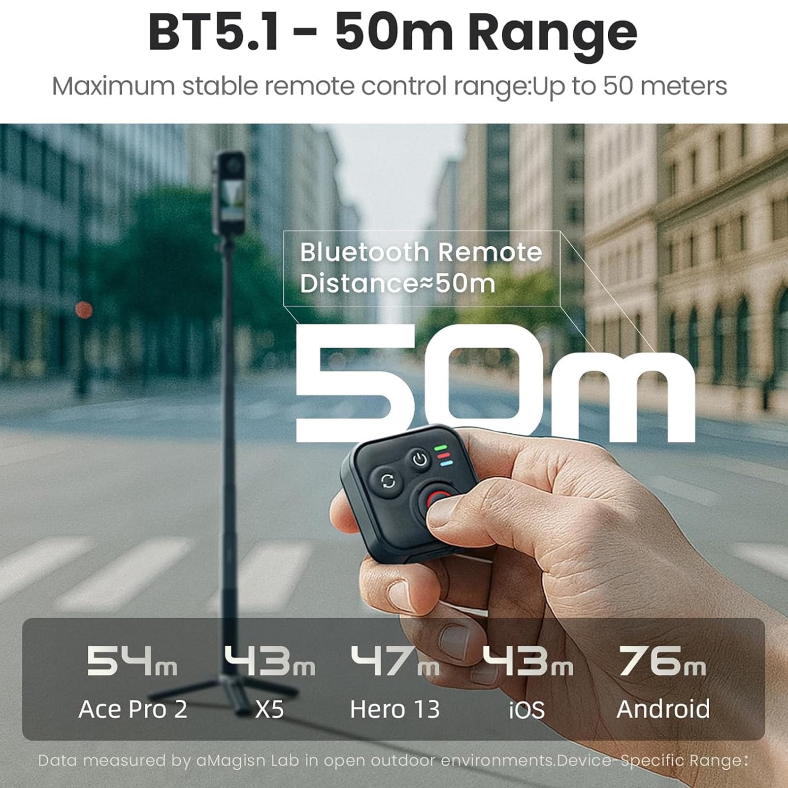 Télécommande Bluetooth pour Insta360 X5/X4/X3/Ace Pro 2/Ace Pro/GO3S/GO3/Hero 13/12/11, portée 50 m BT5.1 Type-C