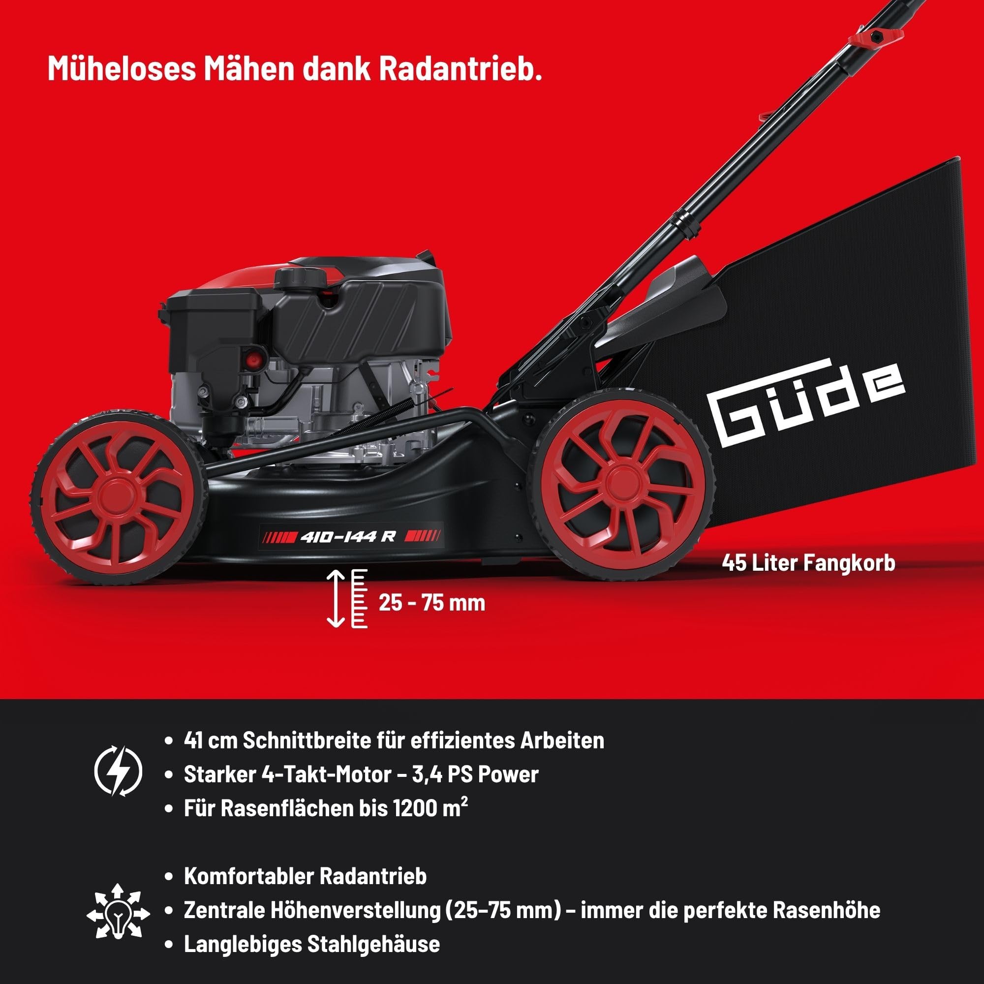 Güde EW 410-144 R Eco Wheeler - Cortacésped de gasolina - Motor de 4 tiempos, cilindrada de 144 centímetros cúbicos, 2,5 kilovatios, 3,4 CV, ancho de corte de 41 centímetros, ajuste de altura de corte
