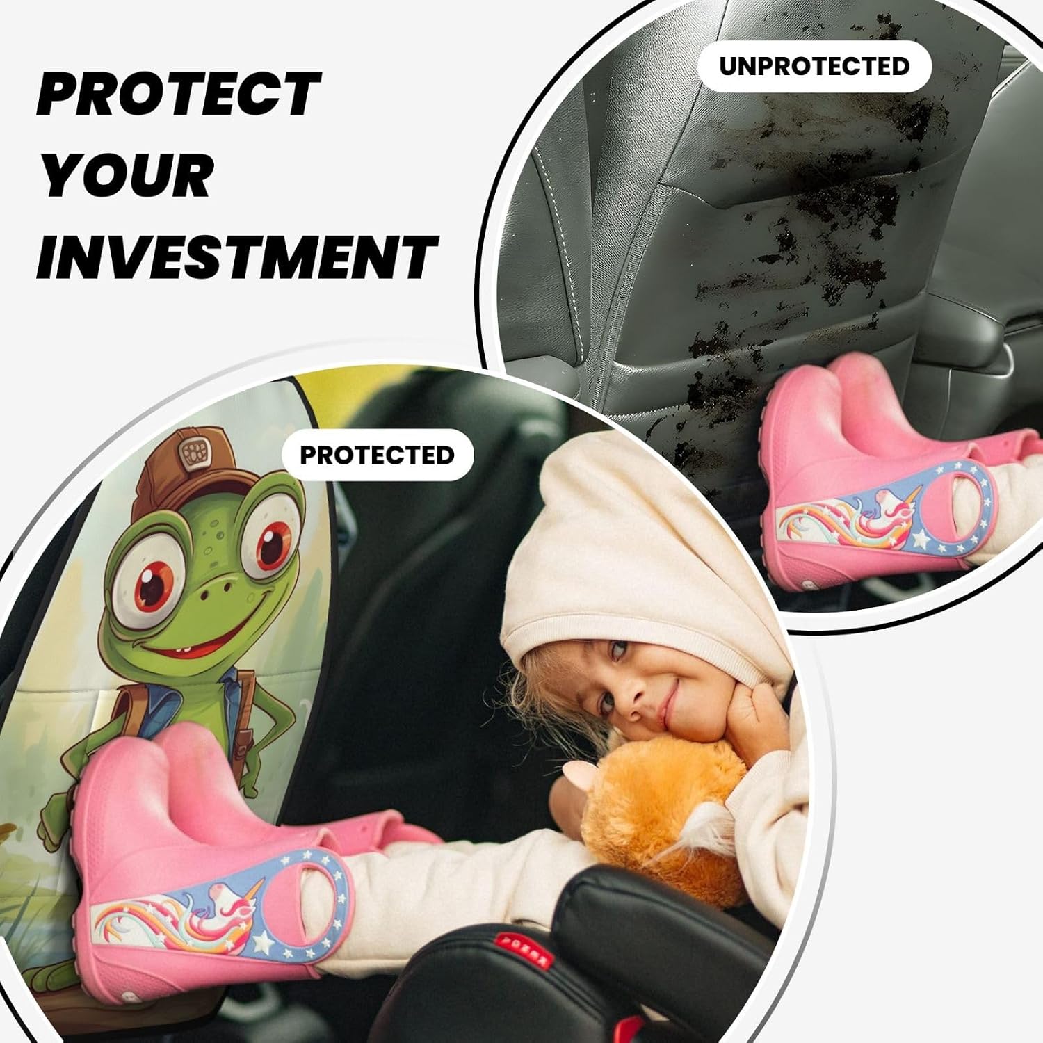 Car Seat Back Kick Protector 2 Pack 18.5x26.4 Inch, Cartoon Sparkle Frog Anti-Kick Pad, Waterproof Oxford Fabric Large Rear Seat Cover for Kids Pets Fits SUV Jeep Truck Sedan