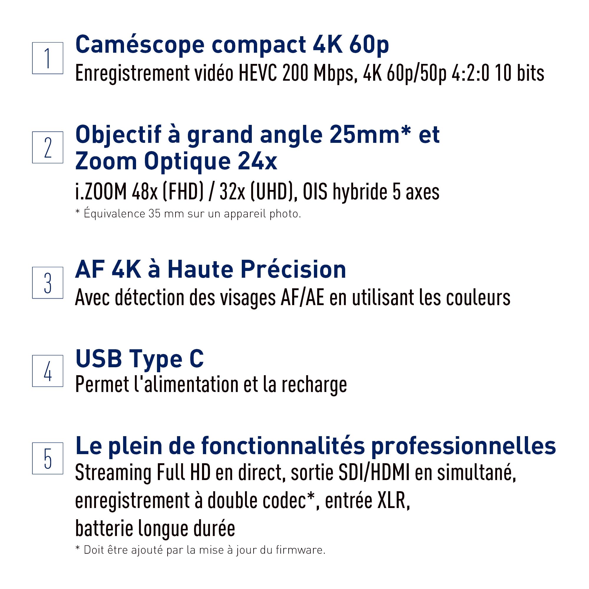 Panasonic CX18 | Caméra Semi-Pro 4K (Qualité vidéo 4K 60p, Zoom Optique 24x, Grand Angle 25mm, 3G-SDI, Stabilisé, Live Streaming, Eclairage LED, Double XLR, Wi-FI) Noir