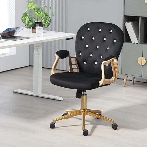 Miniatura 2 de Silla de escritorio de oficina de terciopelo cómoda con base dorada, cómodas sillas de maquillaje para tocador con respaldo y ruedas, sillón