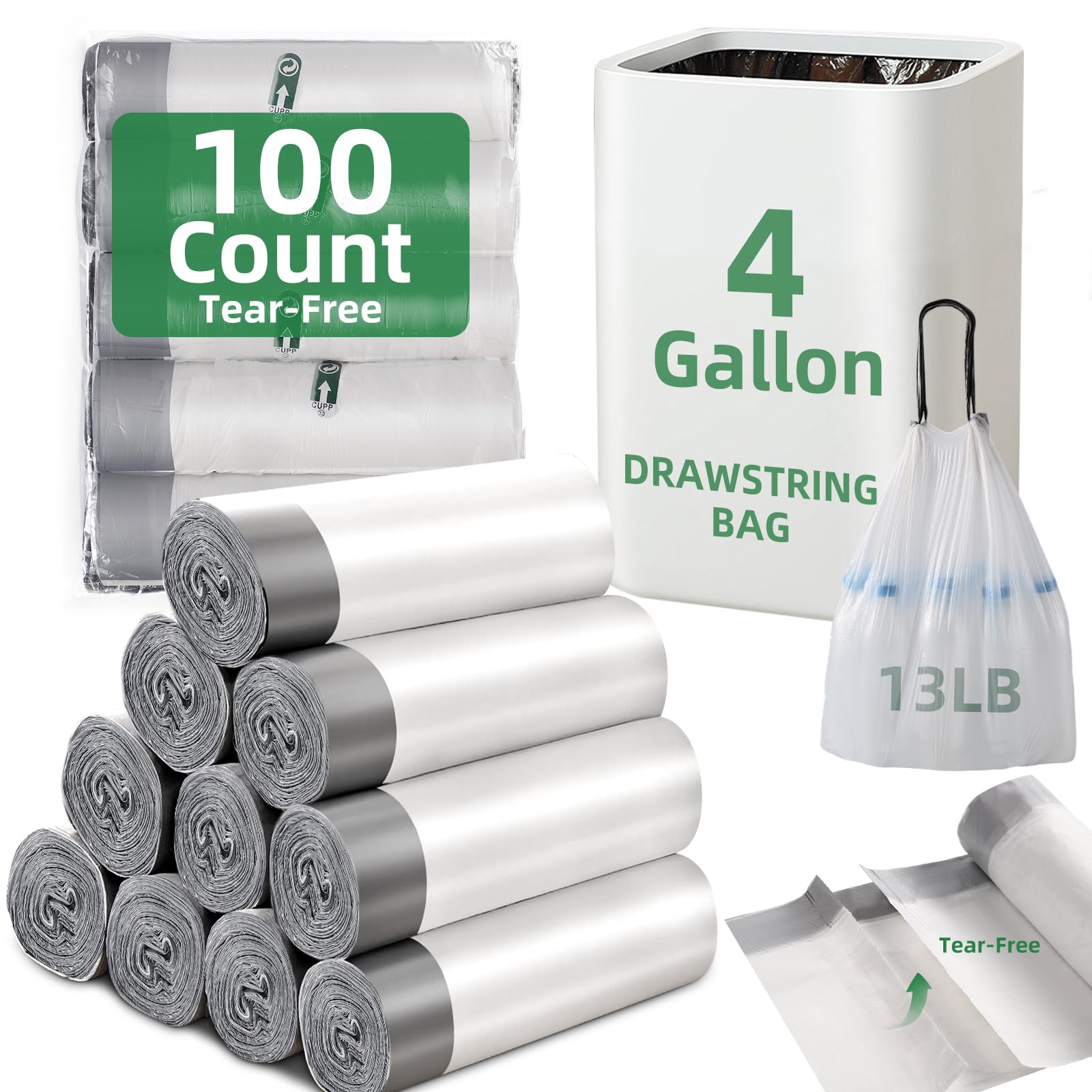 100 Counts 4 Gallon Trash Bag Drawstring Small Trash Bags, Thick Pre-separated Garbage Bags, Trash Bin Liners, Suitable for bathroom, kitchen, bedroom, office (White)