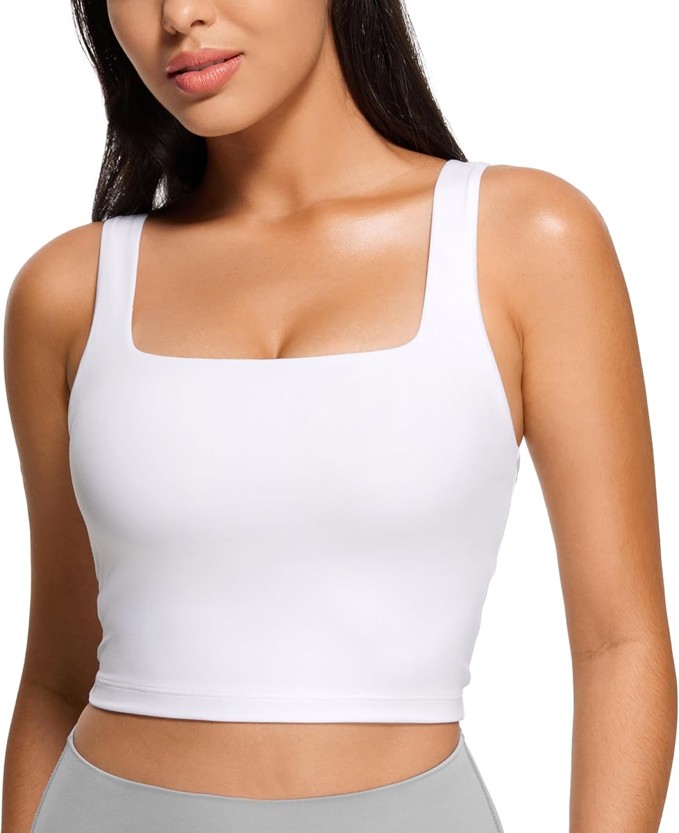 CRZ YOGA Butterluxe Womens Square Neck Longline Sports Bra - Workout Crop Tank Tops Padded Yoga Camisole with Built in Pads