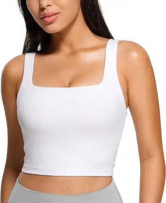 CRZ YOGA Butterluxe Womens Square Neck Longline Sports Bra - Workout Crop Tank Tops Padded Yoga Camisole with Built in Pads