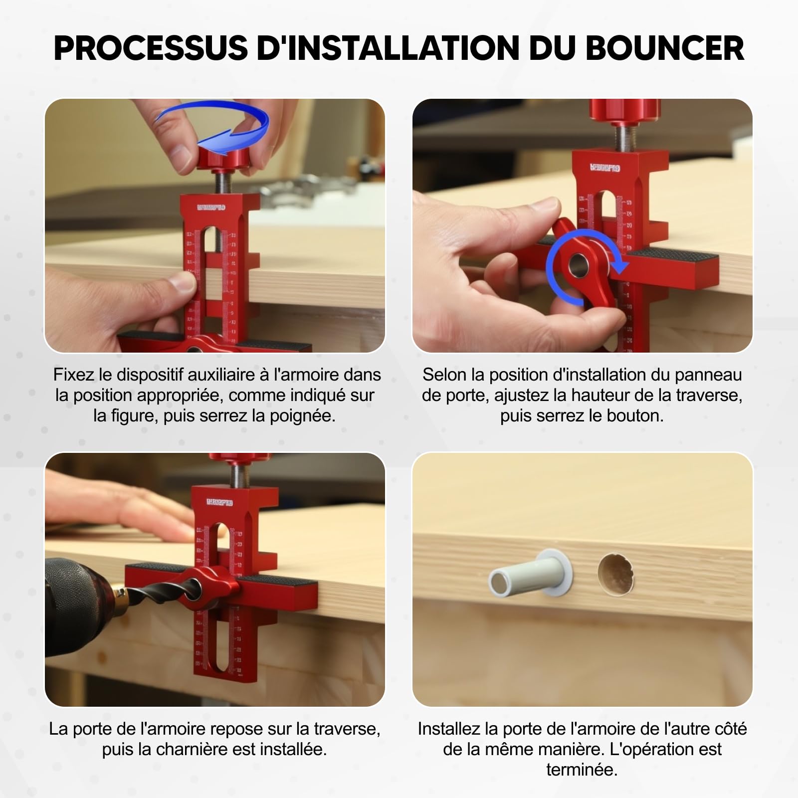 F Fityle Gabarit de Montage pour Portes de Meuble en Alliage d'Aluminium, Outil de Gabarit avec Bras de Support et Serrage, Jig de Fixation Universel pour Charnières Cachées, Armoire, avec 1 Perceuse