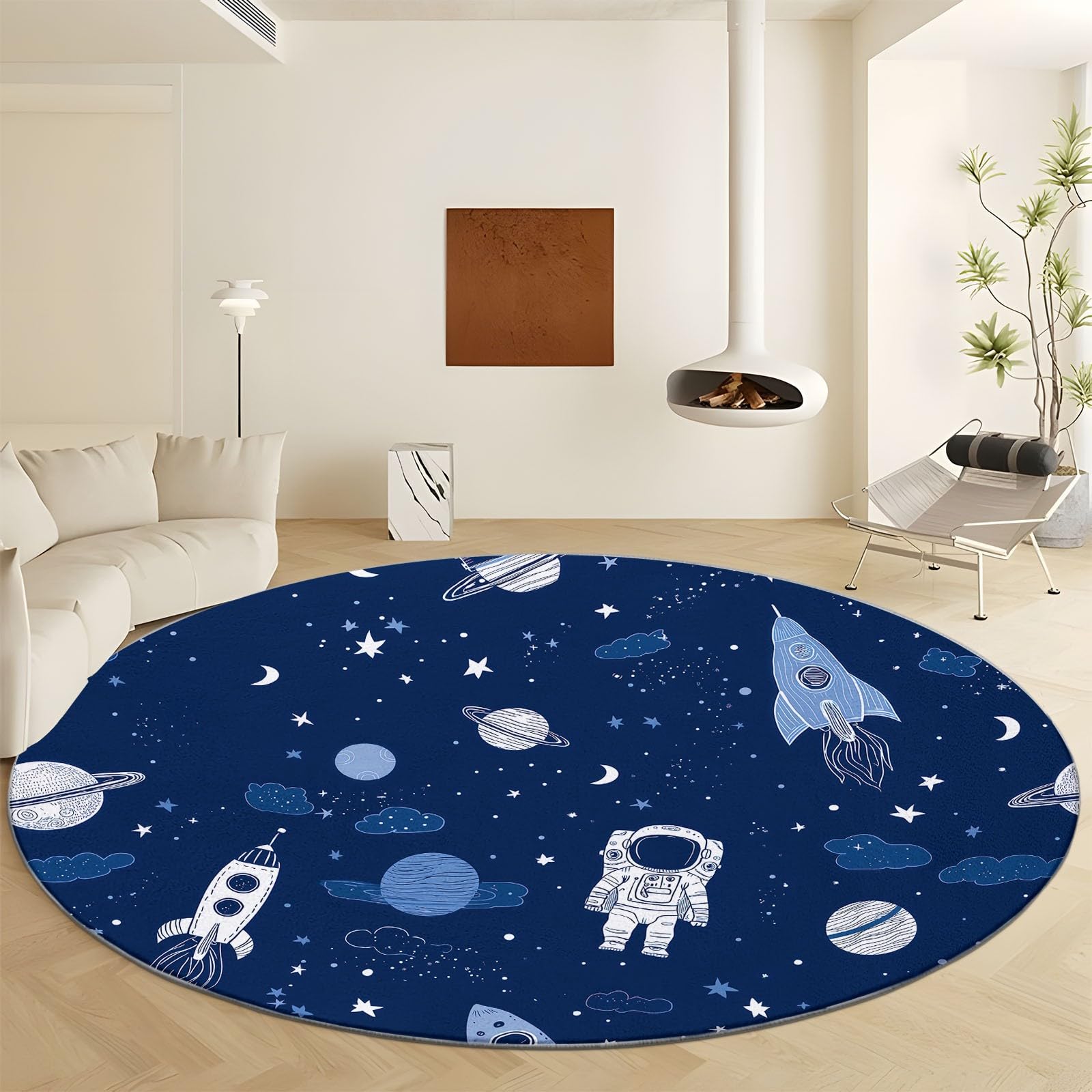 Tapis Rond Interieur 150 cm Dessin Animé Espace Fusée Astronaute, Tapis de Salon Lavable Bleu Marine - Moquette Moderne Doux Antidérapant pour Chambre à Coucher Canapé Chambre d'enfant Salle de Jeu