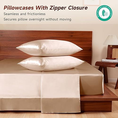 Miniatura 6 de THXSILK Juego de sábanas de 100% seda de morera  Juego de 4 sábanas de seda pura  Sábana encimera, sábana bajera de 16 pulgadas de profundidad, 2