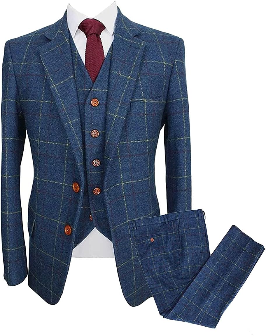 Wemaliyzd Mens Vintage 3 Piece Checkered Plaid Suit Tweed Blazer Vest Pants