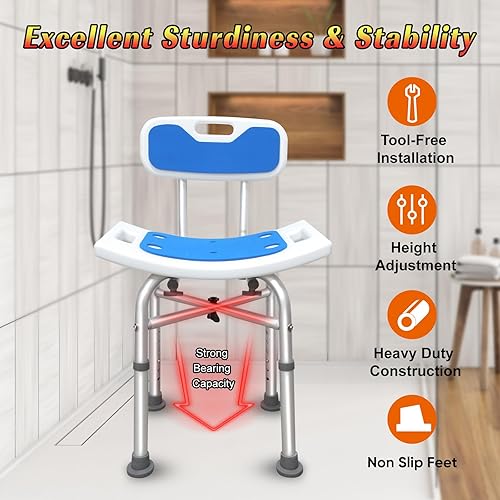 Miniatura 2 de Bcareself Taburete de ducha con respaldo, silla de ducha resistente para ducha interior, 500 libras, bañera estrecha con altura ajustable, sin