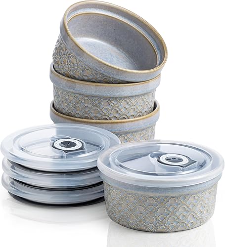 Miniatura 23 de Ramequines de 177 ml con tapas aptos para horno, pequeños ramequines de crema catalana con cubiertas, juego de 4 ramequines de cerámica, tazones de