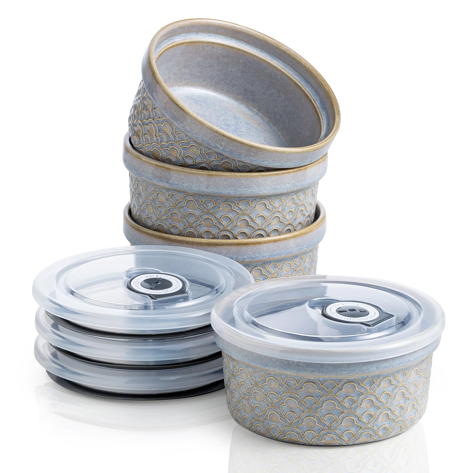 Creme Brulee Auflaufförmchen mit Abdeckungen, Keramik-Souffle-Schälchen mit Deckel, kleine Backformen, Frischhaltedosen, Servierbolzen mit Deckel für Mittagessen, Dessert, Obst, graue Wolke