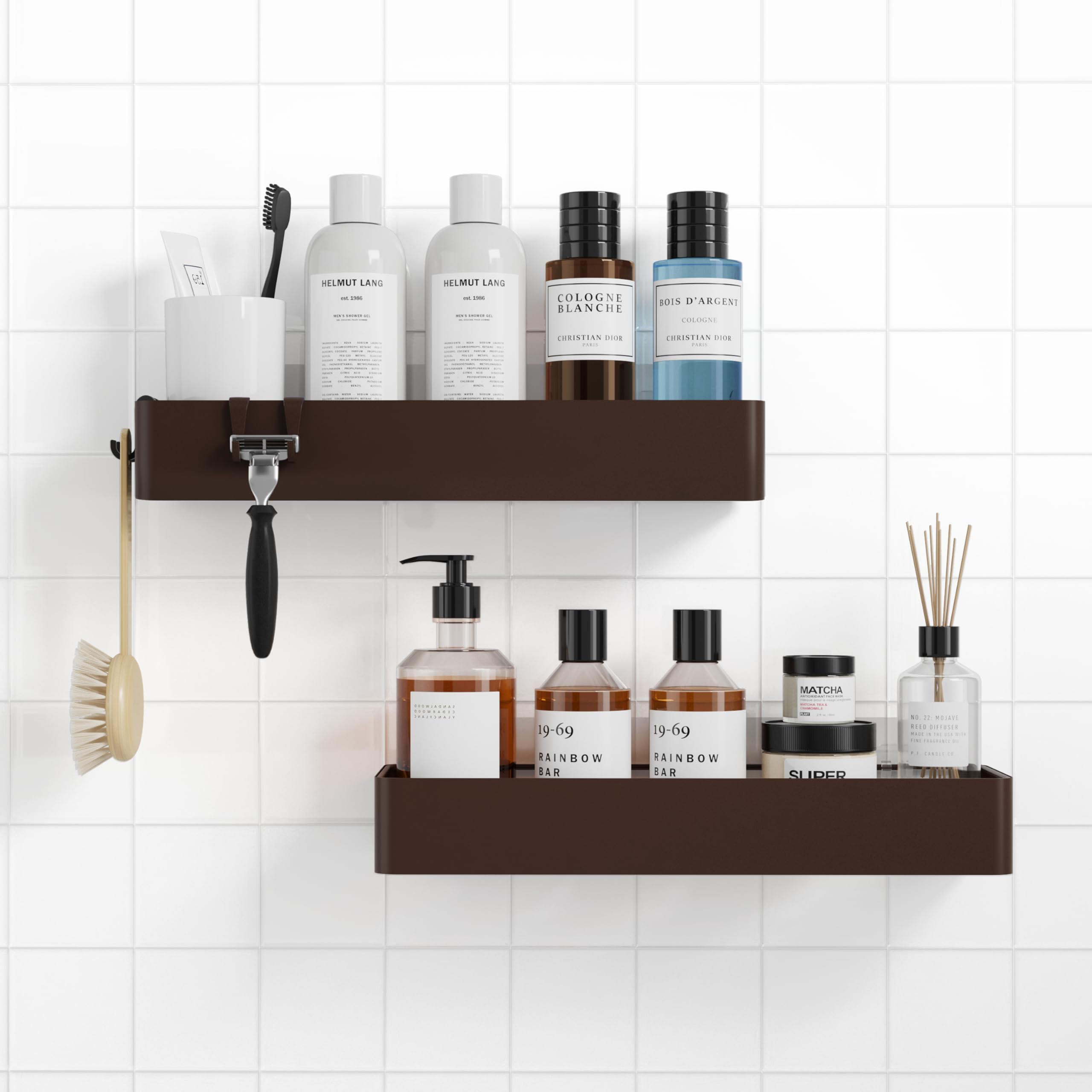 Kitsure Duschablage ohne Bohren - 2 Stück rostfreie Badezimmer Organizer, schnell trocknende Badregal ohne Bohren mit großer Kapazität, langlebige Shampoo Halterung für Duschel, X-Large, Braun